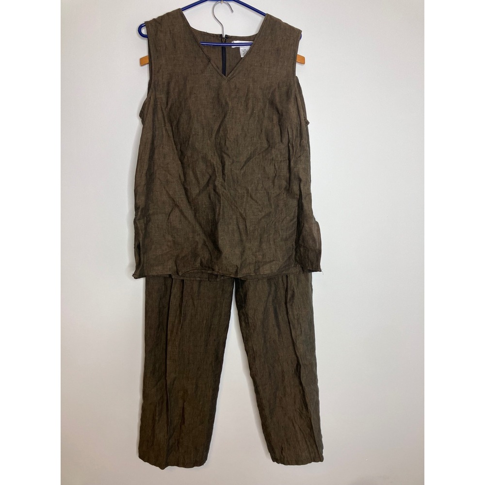 Pursuits Ltd Linen Pant Set Women 12/8 Brown Excellent Vintage Tunic Trousers